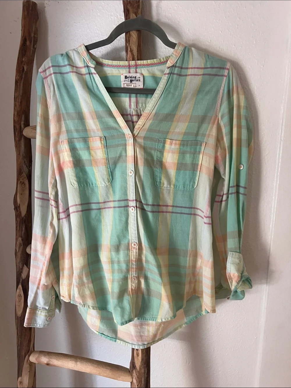 HOLDING HORSES Pastel Plaid Button-Down Soft Cotton Shirt Mint, Peach, Yellow 4